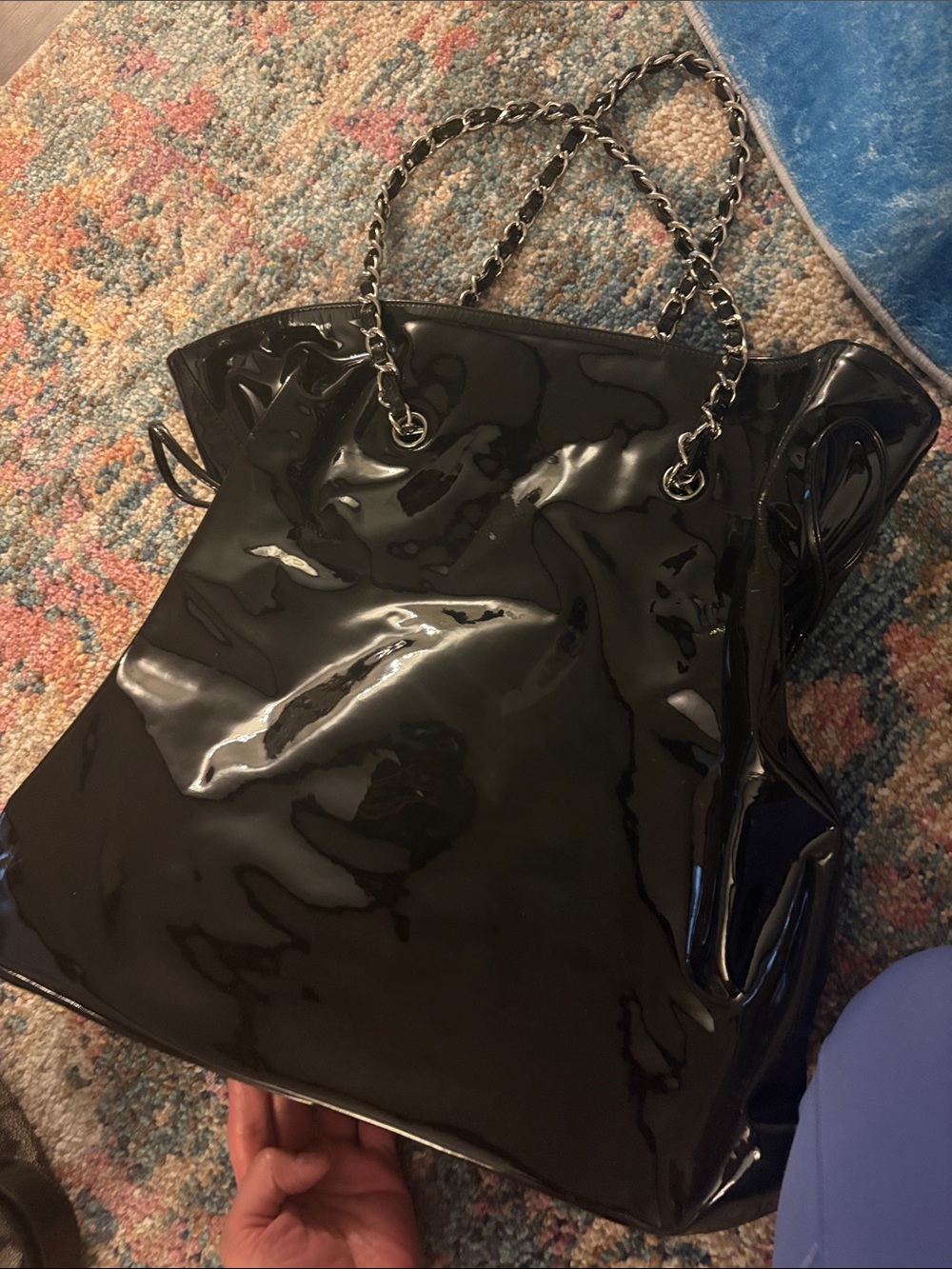 Chanel large black Patent Leather Crystal Studded Double-C Toggle Bon Bon Tote - Picture 10 of 12
